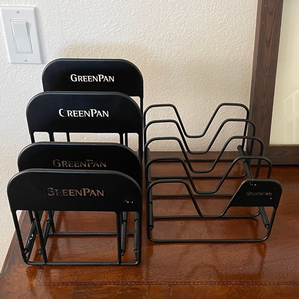 Two GreenPan Stainless Steel Wire Lid Organizer Racks